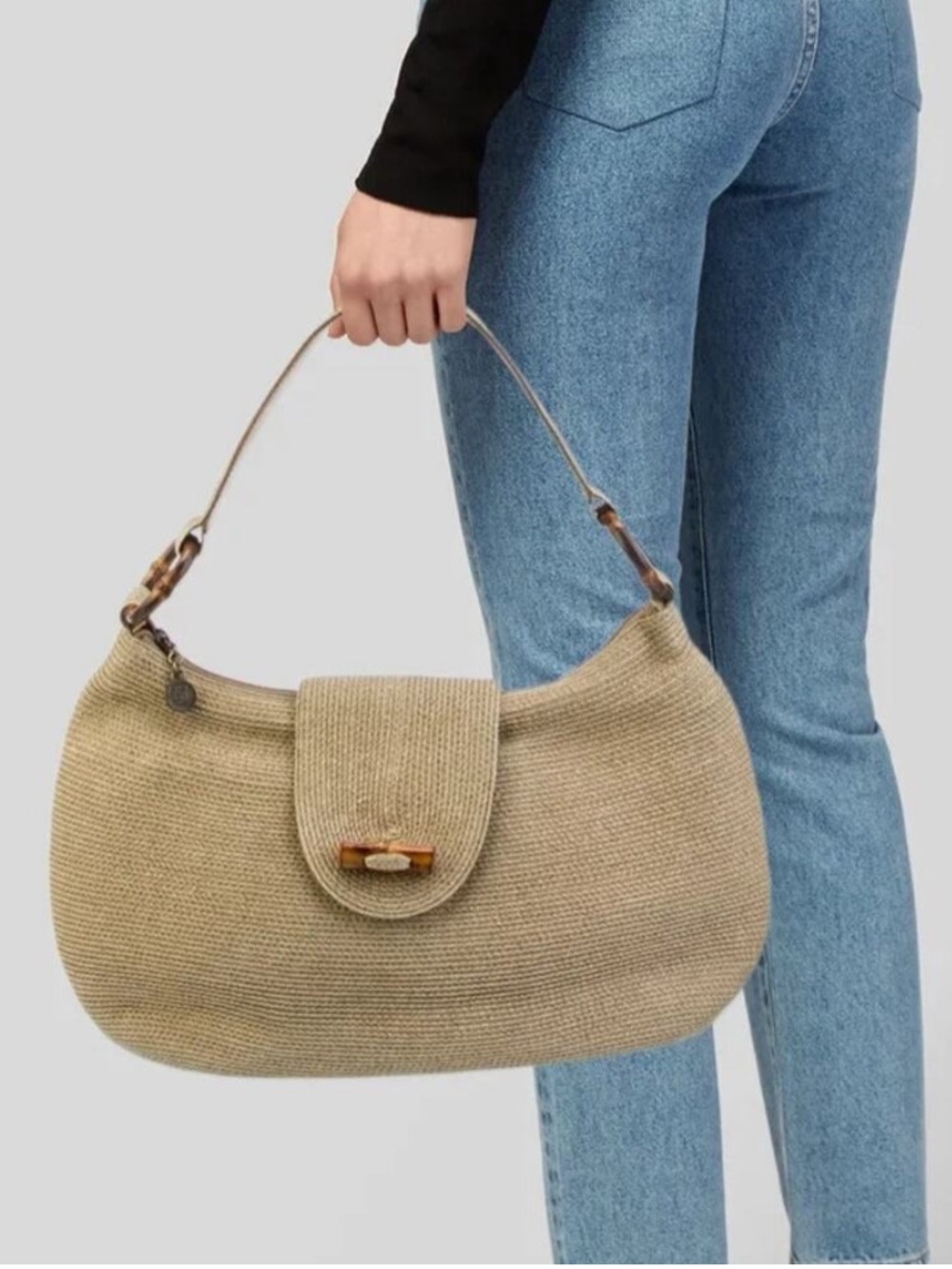 Eric Javits Ran Woven Raffia Straw Shoulder Bag Purse w/ Bamboo Rings Beige